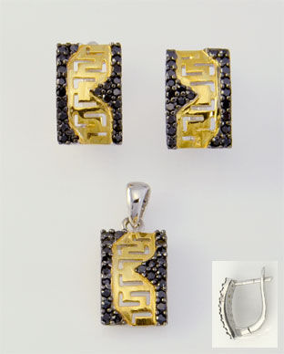 Set din argint placat cu aur cu cubic zirconia negru: cercei si pandantiv 15-9-19734