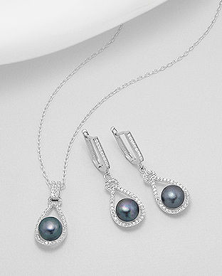 Set din argint: cercei si pandantiv cu perla de cultura neagra 15-1-i5353N