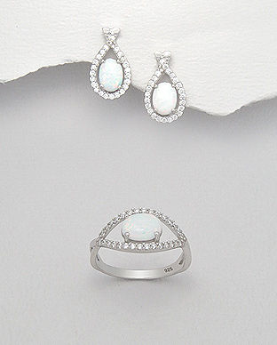 Set: inel si cercei din argint cu opal alb 15-1-i44443