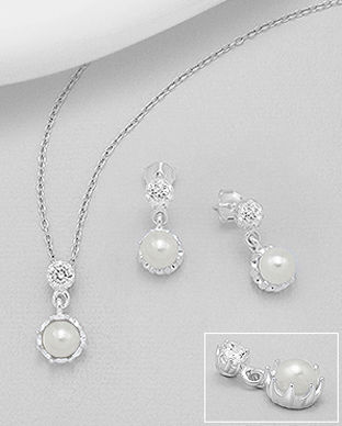 Cercei si pandantiv set din argint cu perla de cultura alba si piatra transparenta 15-1-i6217