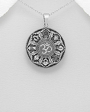 Amuleta Tao Om Mantra Feng Shui cu 8 simboluri norocoase pandantiv argint 17-1-i61265