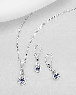Set de bijuterii din argint cu pietre albastre: cercei si pandantiv 15-1-i62189B