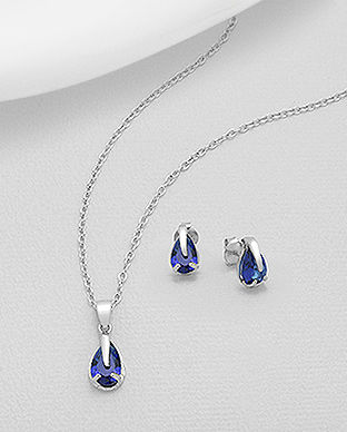 Bijuterii argint albastre: set format sin cercei si pandantiv cu zirconia 15-1-i62183B