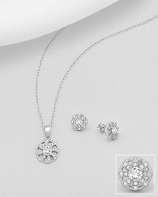 Set floare din argint cu zirconia: cercei si pandantiv 15-1-i61168