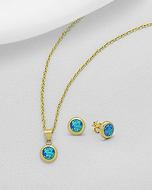 Set de bijuterii format din cercei si pandantiv din argint placat cu aur cu opal albastru 15-1-i62699