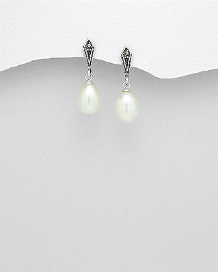 Cercei din argint cu perla de cultura si marcasite 11-1-i59377