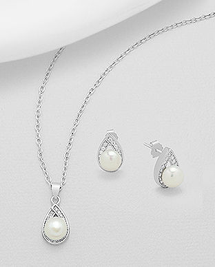 Set argint: cercei si pandantiv cu perla alba de cultura si cubic zirconia 15-1-i5737