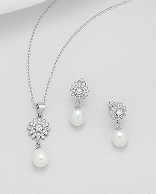 Set de bijuterii cu perle din argint: cercei si pandantiv 15-1-i56418