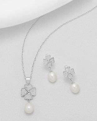 Set model trifoi cu patru foi din argint cu perla de cultura: cercei si pandantiv 15-1-i5138
