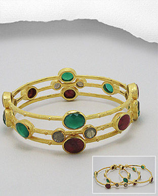 Set format din 3 bratari placate cu aur decorate cu onix verde, labradorit, corundum de culoare rubin 33-1-i4869