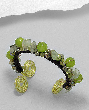 Bratara fixa din alama cu jad verde, prehnit, perle de cultura vopsite 33-1-i23388