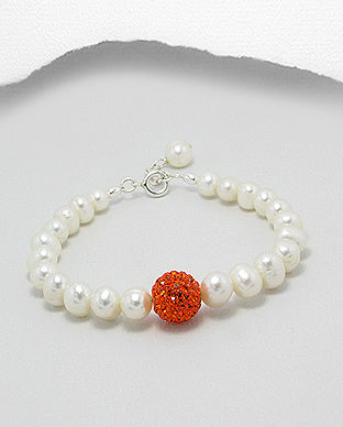 Bratara cu perle de cultura albe, bila cu cristal portocaliu si argint 13-1-i2123