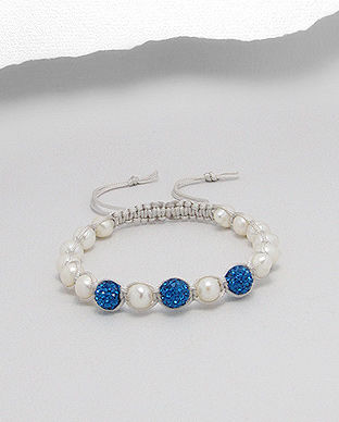Bratara pentru copii din snur cu perle de cultura si cristale albastre 33-1-i43203
