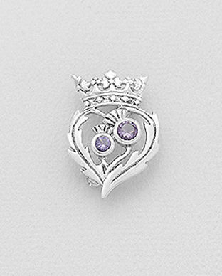 Brosa model inima si coroana din argint cu 2 pietre mov zirconia 16-1-i6297