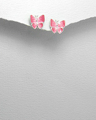 Cercei mici model fluturasi din argint pictat cu email roz 11-1-i18373R