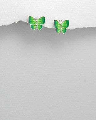Cercei mici model fluturasi din argint pictat cu email verde 11-1-i18373V