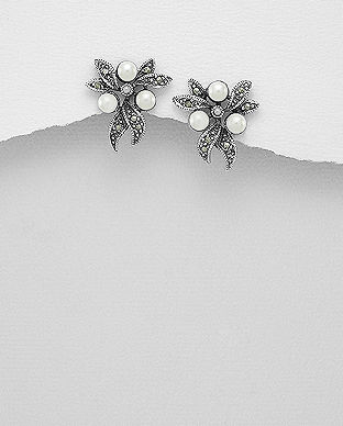 Cercei din argint model frunze cu marcasite si perle de cultura 11-1-i53276