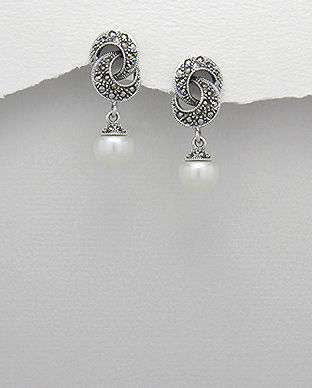 Cercei din argint cu marcasite si perla alba de cultura 11-1-i42259
