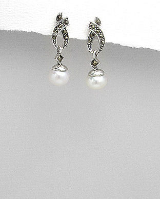 Cercei din argint cu marcasite si perla de cultura 11-1-i31156