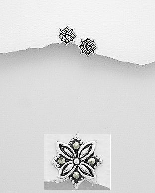 Cercei floare din argint cu aspect patinat si marcasite 11-1-i53273