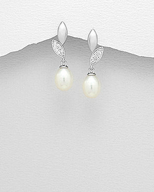Cercei model frunzulite din argint cu perla alba de cultura 11-1-i5746