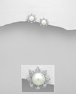 Cercei din argint model floare cu perla de cultura si zirconiu 11-1-i5924