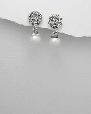 Cercei din argint cu marcasite si perla alba de cultura 11-1-i42260
