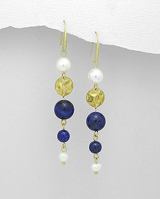 Cercei placati cu aur cu perle de cultura si Lapis Lazuli 31-1-i6027B