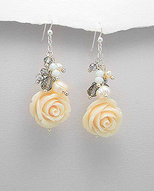Cercei trandafir crem cu perle albe de cultura, cristale si argint 11-1-i29529