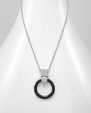 Colier din argint cu zirconiu si cerc negru din ceramica 14-1-i5573N 