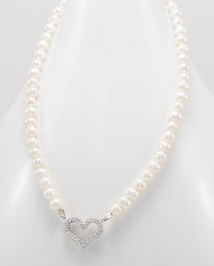 Colier cu perle albe de cultura si inimioara din argint 14-1-i4213
