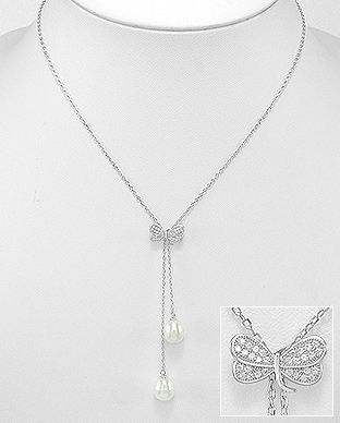 Colier din argint cu pandantiv fluture si perle de cultura 14-1-i5515