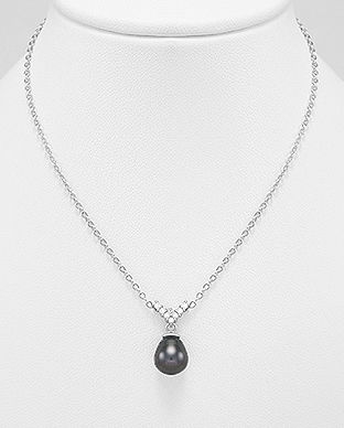 Colier cu perla neagra si chevron din argint cu pietre 14-1-i6155N