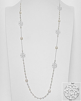 Colier lung cu perle de cultura si floare Crown Chakra din argint 14-1-i6131
