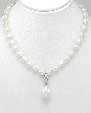 Colier cu perle albe de cultura si zirconiu cu argint 14-1-i6420