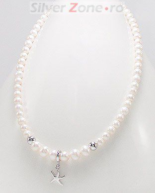 Colier cu perle de cultura albe si steluta de mare din argint 14-1-i3919