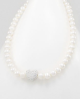 Colier cu perle albe de cultura si inimioara cu cristale 14-1-i2267