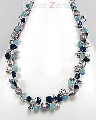 Colier cu jad albastru, perle de cultura gri, pietre albastre, cristale 34-1-i33155