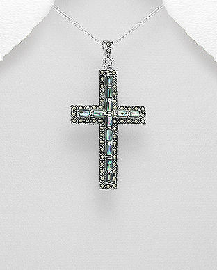 Cruce din argint 925 cu abalone verde si marcasite 17-1-i62342