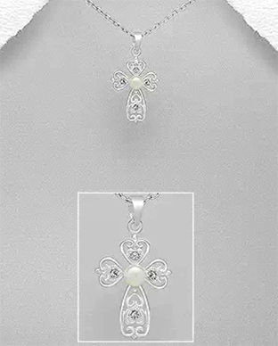 Cruciulita de argint cu perla alba de cultura si cristale 17-1-i646A