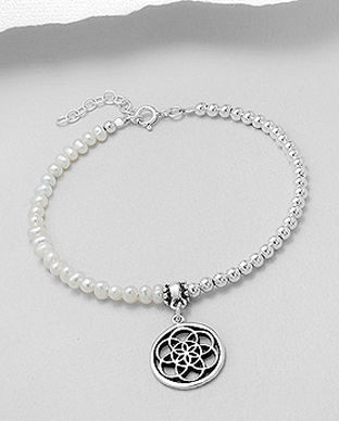 Bratara cu perle de cultura cu bilute si floarea vietii din argint 13-1-i6422