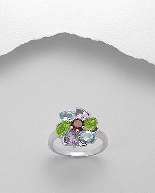 Inel din argint cu floare din pietre semipretioase: peridot, ametist, topaz bleu, granat 12-1-i31367P