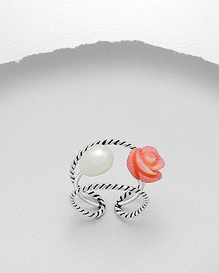 Inel cu trandafir din coral ceramic, perla de cultura din argint ajustabil 12-1-i6179