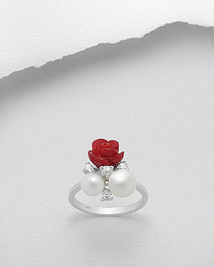 Inel din argint cu perle si trandafir din coral rosu 12-1-i4556