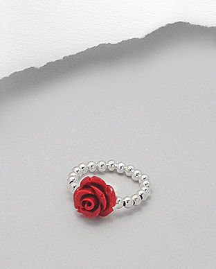 Inel ajustabil din bilute de argint cu trandafir rosu din ceramica 32-1-i33648
