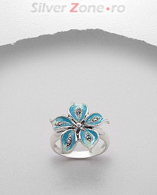 Inel floare de colt din argint cu marcasite pictat cu email albastru 12-1-i37533