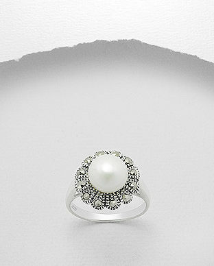 Inel floare din argint cu marcasite cu perla de cultura 12-1-i53258
