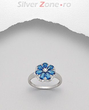 Inel din argint 925 cu floare zirconia albastru 12-1-i37305