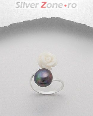 Inel ajustabil din argint cu trandafir alb din sidef si perla neagra de cultura 12-1-i3523N