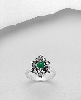 Inel din argint cu marcasite si agat verde 12-1-i39221